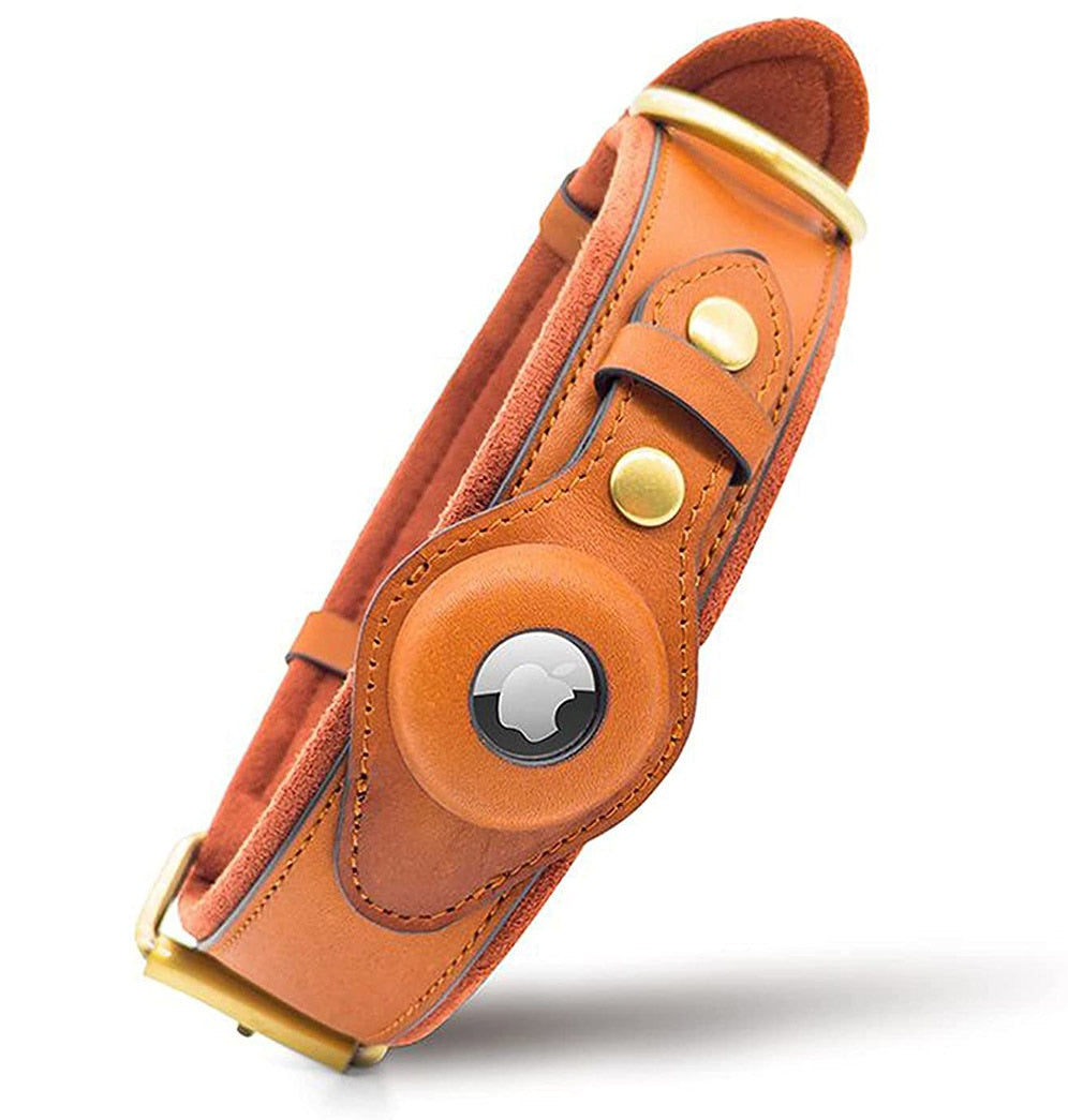 Leren hondenhalsband met geïntegreerde apple airtag houder
