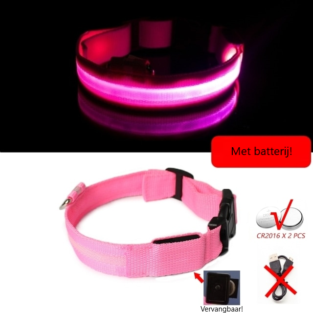 Lichtgevende hondenhalsband in alle kleuren en maten- oplaadbaar of met batterij