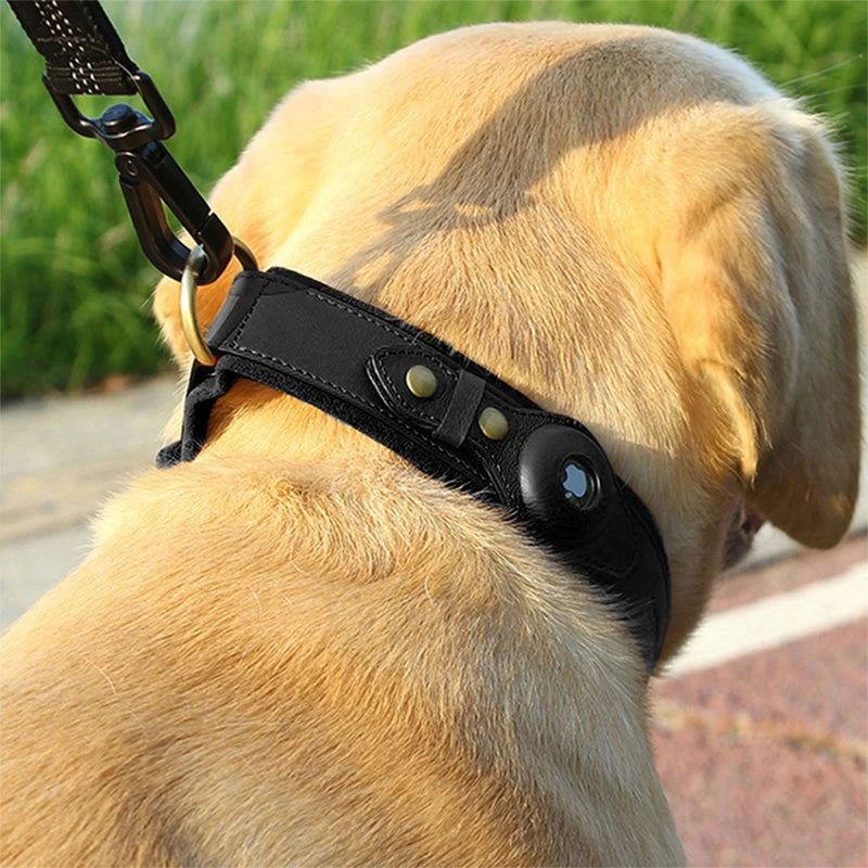 Leren hondenhalsband met geïntegreerde apple airtag houder