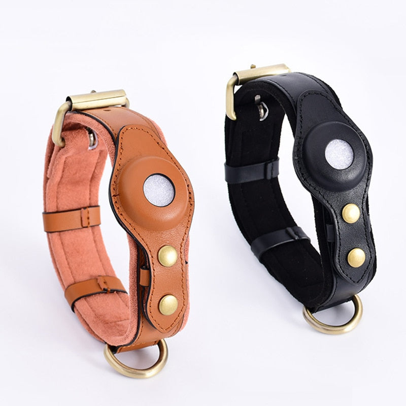 Leren hondenhalsband met geïntegreerde apple airtag houder