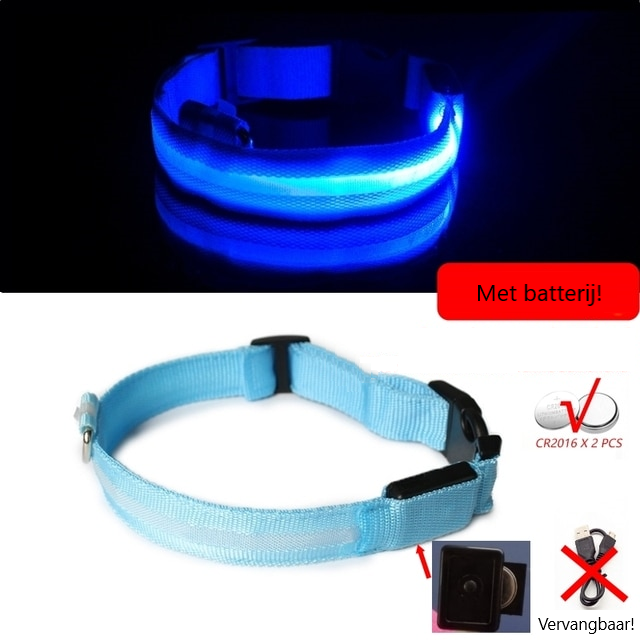 Lichtgevende hondenhalsband in alle kleuren en maten- oplaadbaar of met batterij