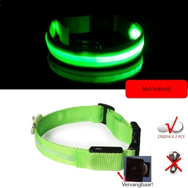 Lichtgevende hondenhalsband in alle kleuren en maten- oplaadbaar of met batterij