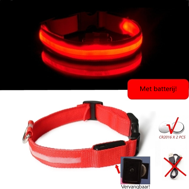 Lichtgevende hondenhalsband in alle kleuren en maten- oplaadbaar of met batterij